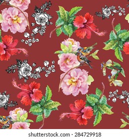 Birds with watercolor garden hibiscus and pink roses flowers seamless pattern on vinous background vector illustration