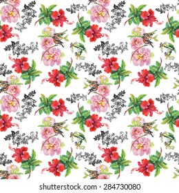 Birds with watercolor garden hibiscus and pink roses flowers seamless pattern on white background vector illustration