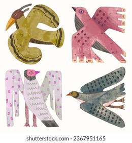 Birds, watercolor painting. vector illustration of animal collection. isolated cartoon.