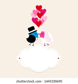 Birds Wedding On Cloud Holding Nine Heart Balloons Beige
