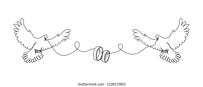 Birds with wedding rings line art. Continuous line drawing of two doves, engaged rings, family, couple, love, birds, feelings, love, relationships, passion.