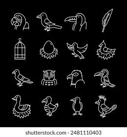 Birds, white line icons. Feathered creatures of various species. Ideal for wildlife and nature themes. Symbols on black background. Editable stroke.