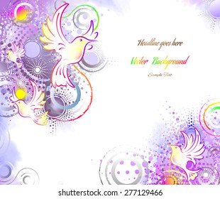 Birds, wildlife, abstract background, watercolor effect, colorful postcard with place for text, vector illustration