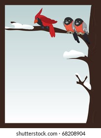 Birds in winter forest.Card. Photo frame