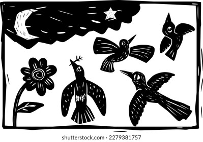 Birds in woodcut style. Separate vectors, like cordel literature.