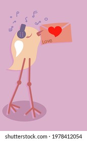 The birds wore headphones and closed their eyes comfortably in a relaxed atmosphere. The mouth held a love letter to deliver to a lover against a pink background. Birds are a medium to bring love.