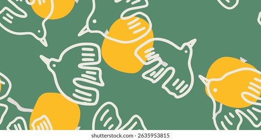 Birds and Yellow Shapes on Green Pattern