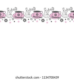 Birds,Birds Tea Cups and Snow-Garden Tea Party,Horizontal Border Repeat Pattern swatch