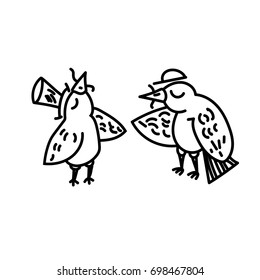 Birds.Collection of cute hand drawn bird doodles. Black on white vector set - Vector. kawaii.