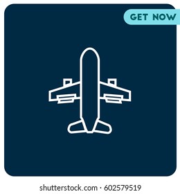 Birdseye View of Airplane Vector Icon, The outlined symbol of aircraft on blue background. Simple, modern flat vector illustration for mobile app, website or desktop app