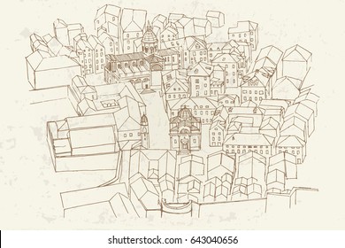 Bird's-eye view of Dubrovnik. Vector sketch in retro style.