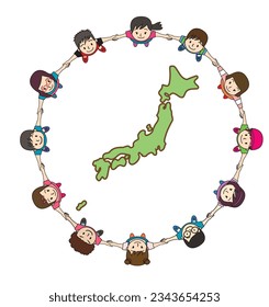 bird's-eye view illustration of children and elementary school students holding hands and forming a circle around the Japanese archipelago seen from above
