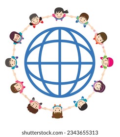 bird's-eye view illustration of children and elementary school students holding hands and forming a circle around the symbol of the earth seen from above.