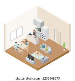 A bird's-eye view illustration of a family relaxing in the living room.