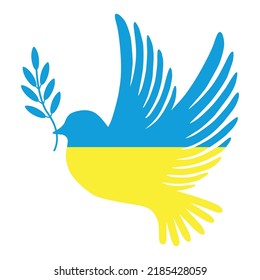 Bird-shaped icon with Ukrainian flag. Peace dove with olive branch. Flat style vector illustration with white background isolated.	