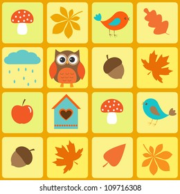Birds,owl and autumnal leaves. Seamless vector pattern
