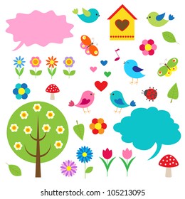 Birds,trees and bubbles for speech. Vector set