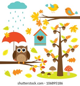 Birds,trees and owl. Autumnal set of vector elements