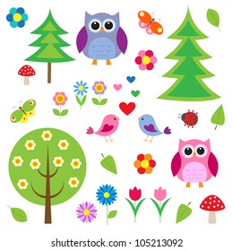 Birds,tress and owls. Vector set