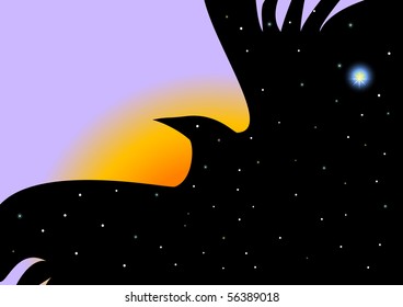 Bird-symbol of night. Night sky with stars. Vector.