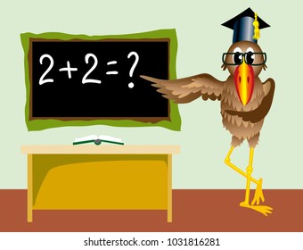 Bird-teacher shows formulas. School cartoon.