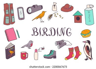 Birdwatcher equipment and Birding lettering. Set of items for birds watching. Hand drawn vector illustration.
