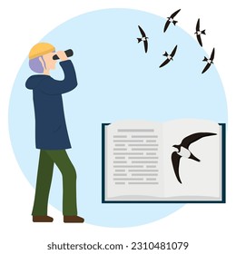 Birdwatcher girl with binoculars, swift and book. Woman ornithologist looking for birds. Naturalist birdwatching. Tourist, outdoor activity, tourism, ornithology, birding. Vector illustration.