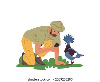 Birdwatcher Male Character Watching, Learning and Photographing Birds. Naturalist Ornithologist Wear Costume and Hat in Ecotour for Investigation Fauna Creatures. Cartoon People Vector Illustration