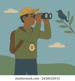 Birdwatcher scanning forest landscape, observing distant feathered subject through binoculars