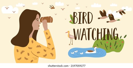 Pancarta de observación de aves con ornitología plantilla de banner horizontal. Girl mira a través de un afiche de turismo ecológico local, observación de pájaros, binocular, ob・aves silvestres en la naturaleza. Ilustración vectorial de dibujos animados