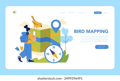 Birdwatching concept. An avid birdwatcher navigates a map with a compass, spotting a cheerful songbird on a nature trail. Vector illustration.