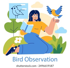 Concepto de observación de aves. Una persona alegre que se involucra con un pájaro colorido en la naturaleza, mientras hace referencia a una guía. Actividad de ocio al aire libre. Ilustración vectorial.