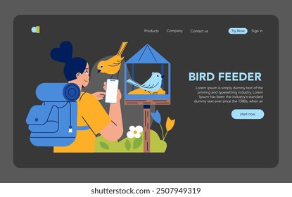 Vogelbeobachtungskonzept. Enthusiasten beobachten ein Vogelhaus mit Smartphone, Natur Interaktion Erfahrung. Vektorgrafik.