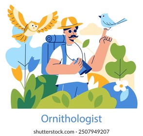 Birdwatching concept. An enthusiastic ornithologist observes nature with birds perched nearby, showcasing the hobby's allure. Vector illustration.