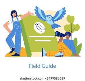 Birdwatching concept. Enthusiasts with binoculars and a field guide observing wildlife. Outdoor nature exploration and avian study. Vector illustration.