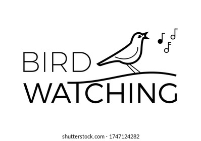 Birdwatching design. a bird is singing on a branch with open beak and music notes flying around. Simple line icon.