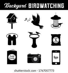 Birdwatching Equipment And Gear Icons For The Backyard Birder, Birdhouse, Bird, Song, Bird Feeder, Binoculars, Birdbath, Bird Seed, Field Guide, Camera, Smart Phone And Apps.