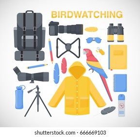 Birdwatching flat vector icons set, big set of flat design birding travel, hobby and adventure objects isolated on the white background, vector illustration