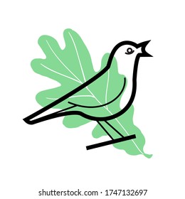 Birdwatching icon. A bird singing in the forest sitting on an oak branch.