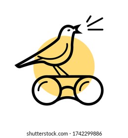 Birdwatching icon. Bird is singing on the binoculars while sun is rising. 