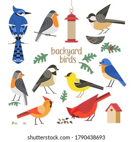 Birdwatching icon vector set. Red Northern cardinal, robin chickadee, blue bird, goldfinch comic flat cartoon illustration. Garden backyard birds sign. Minimal simple design. Wildlife banner element