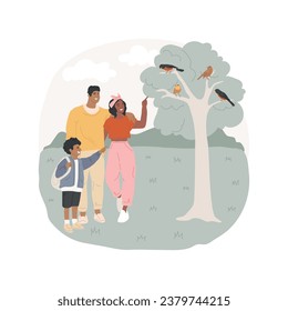 Birdwatching isolated cartoon vector illustration. Happy family watching birds, wildlife survey, hands-on activities together, people lifestyle, enjoying environment vector cartoon.