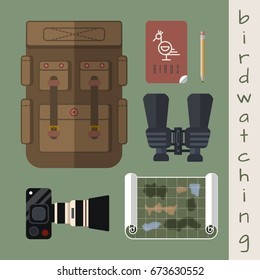 birdwatching kit: tourist backpack, book about birds, pencil, binoculars, camera, map for birding. flat style. vector illustration