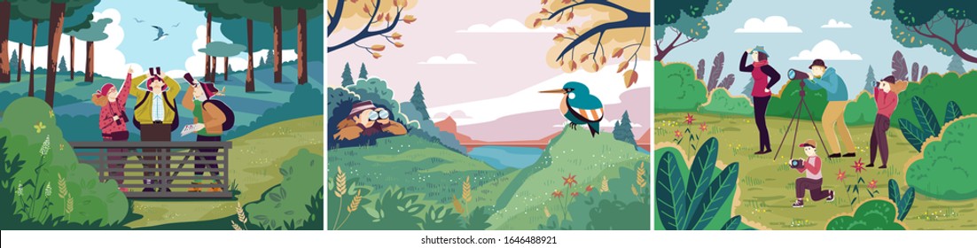 Birdwatching In Nature, People Outdoor Hobby, Ornithology Bird Observation, Vector Illustration. People Watching Birds In Nature, Outdoor Activity For Friends And Family. Recreation Leisure Hiking