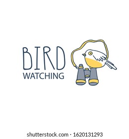 Birdwatching and ornithology concept. Bird watching icon, logo, emblem. Birding vector illustration with bird binocular and a cute cartoon bird in doodle style sitting on it