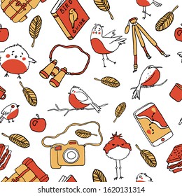 Birdwatching and ornithology concept. Bird watching seamless pattern. Vector illustration with birdwatcher equipment and cute birds. Guide, camera, backpack, boots, first aid kit, bird binocular