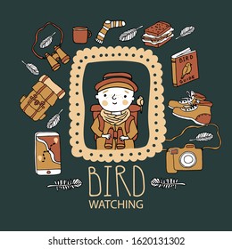 Birdwatching And Ornithology Concept. Young Child Bird Watching With Binoculars And Feeding A Bird. Vector Illustration With Birdwatcher Equipment. Guide, Camera, Backpack, Snack, Boots, First Aid Kit