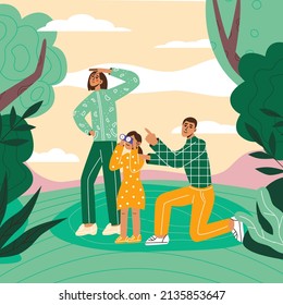 Birdwatching or ornithology flat vector illustration. Family have eco-friendly hobby, outdoor activity, local tourism, Recreation leisure hiking, birding.