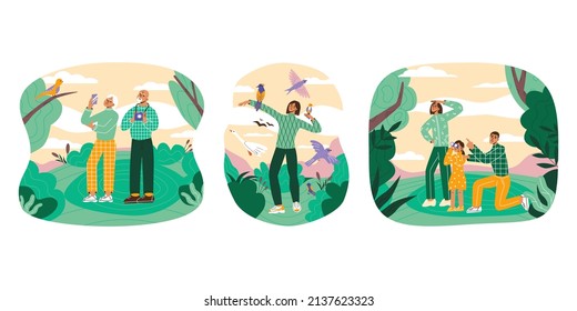 Birdwatching or ornithology flat vector illustration. Woman, family, senior couple have eco-friendly hobby, outdoor activity, local tourism, Recreation leisure hiking, birding.