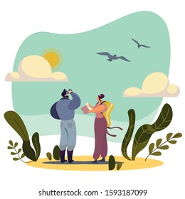 Birdwatching people cartoon characters in nature, vector illustration. Man and woman watching birds, exploring wildlife. Abstract landscape, flying bird, person with binoculars. Active lifestyle hobby
